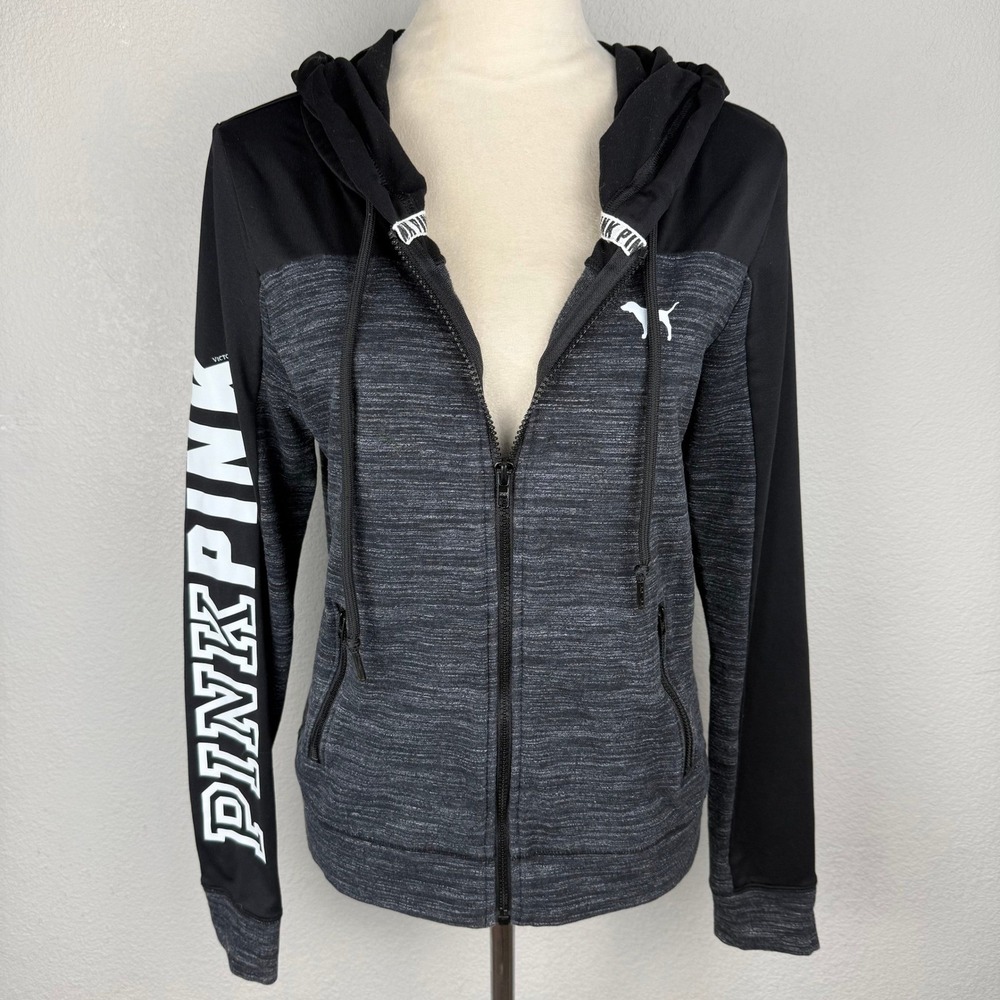 Victoria Secret PINK Full Zip Hoodie Black Gray Active Logo Sweatshirt Sz Medium